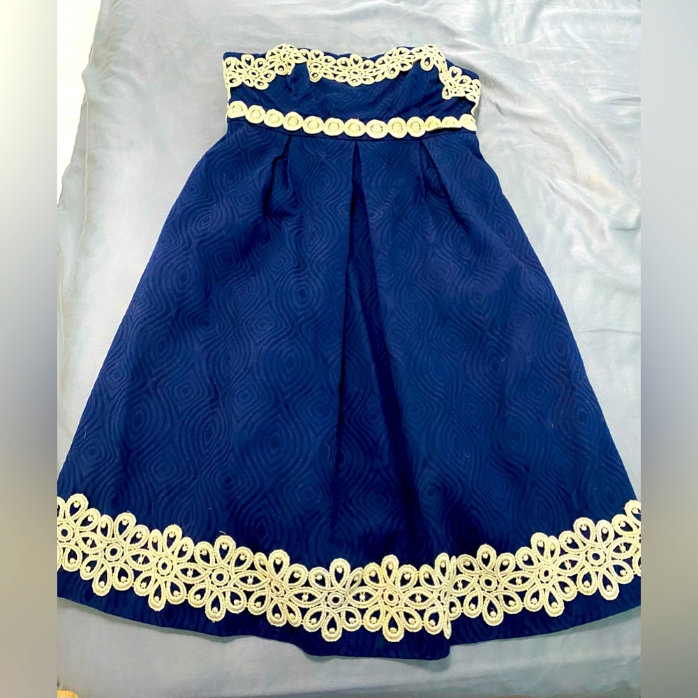 EUC Lilly Pulitzer Betsy Strapless Dress in Navy Blue & Metallic Gold Size 00